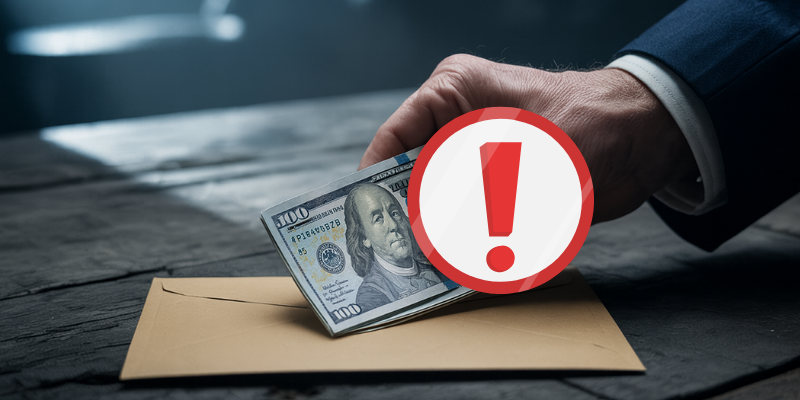 Mano con dinero y una señal de advertencia